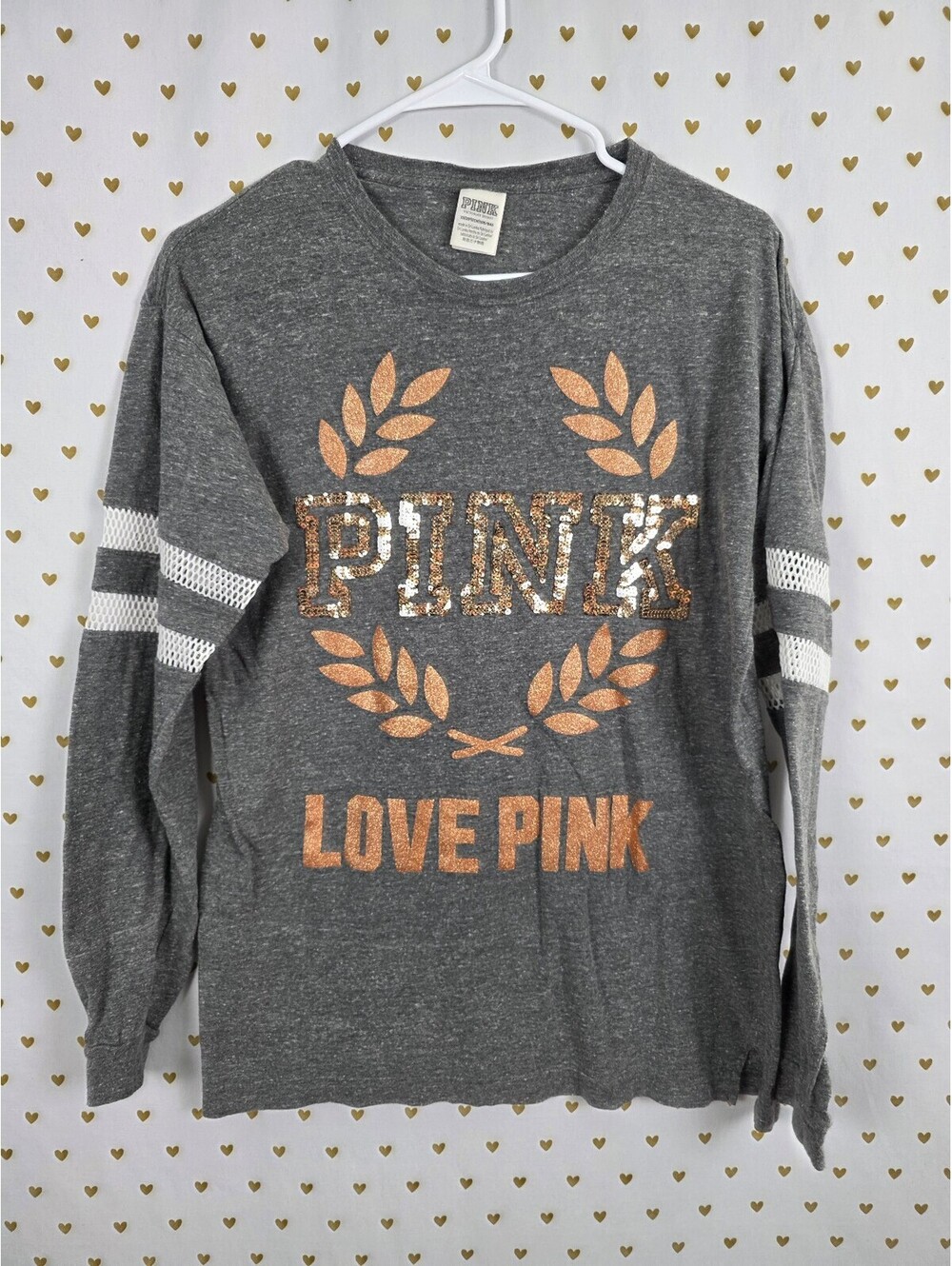 Victorias Secret PINK Gold Bling Crest Long Sleeve Tee Shirt XS